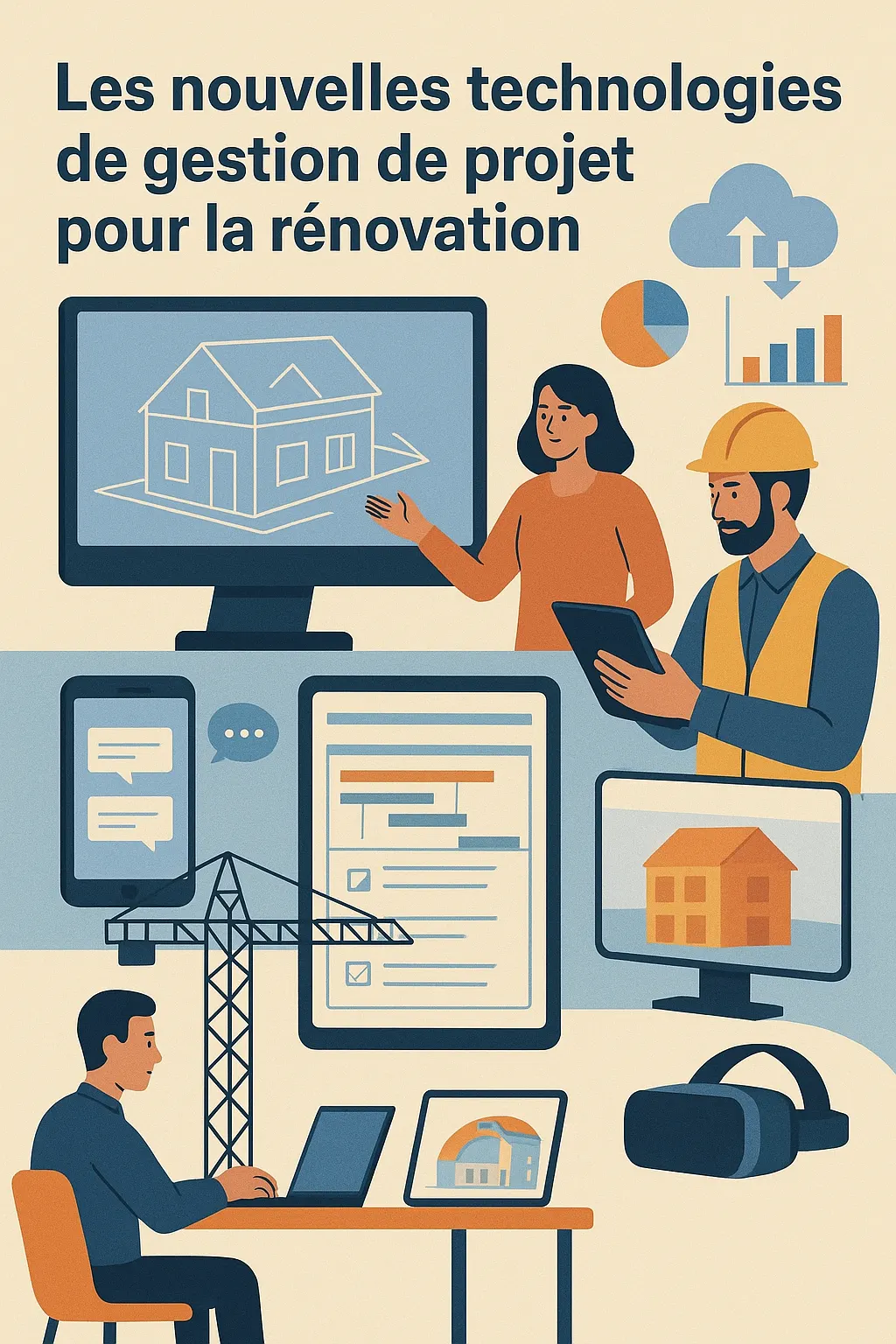 Illustration de deux professionnels qui consultent des plans et un échéancier sur écran, tablette et téléphone
