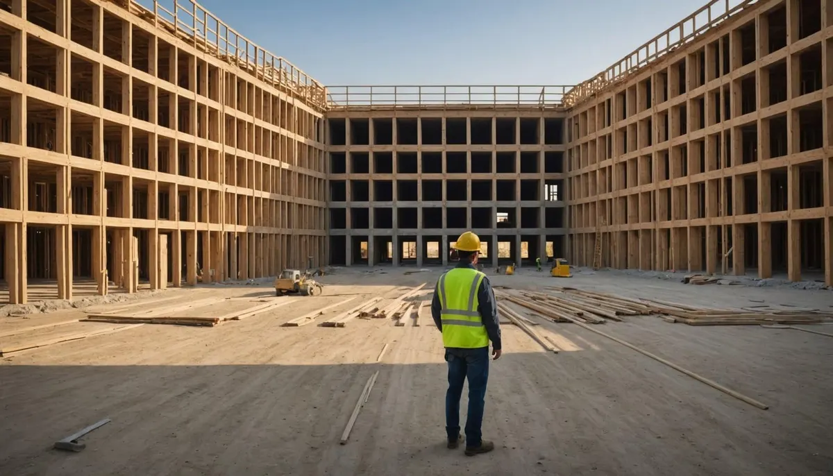 Chantier d’une structure en bois avec un travailleur en veste de sécurité