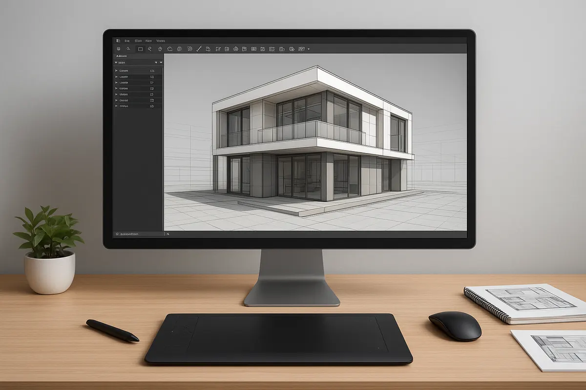 Écran d’ordinateur affichant la modélisation 3D d’un bâtiment moderne