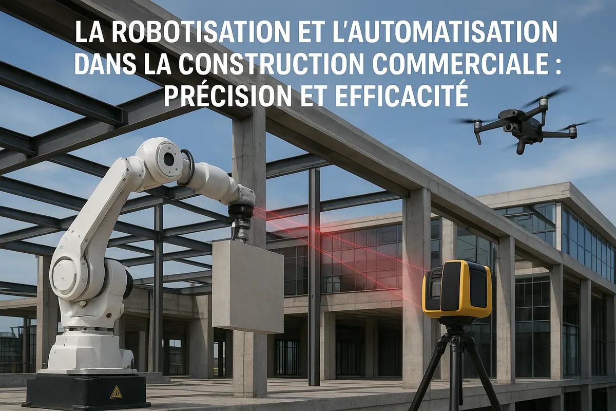Bras robotisé, drone et scanner laser sur un chantier de bâtiment commercial