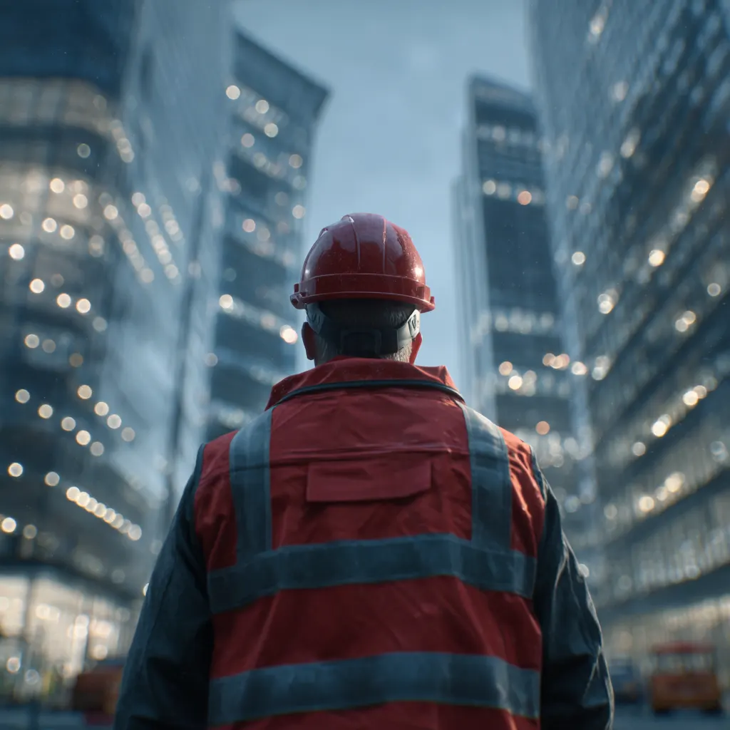 Travailleur de la construction en casque rouge devant des tours de bureaux